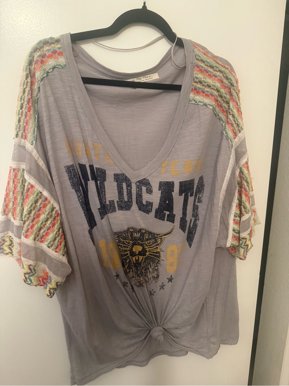 Free People Gray V-Neck Wildcats Graphic Top with Multicolor Knit Sleeves